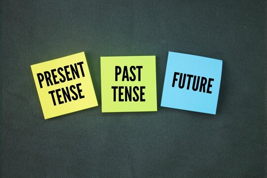 Colored paper with the words present tense, past tense and future.
