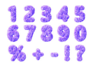 3d purple fur fluffy numbers font from 0 to 9, cute furry percent sign, question mark, exclamation, plus, minus symbol with hair texture. Funny children alphabet of soft wool render