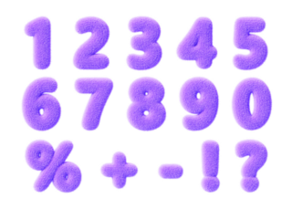 3d fur font, purple fluffy numbers from 0 to 9. Furry wool numeral icons, percent sign, question mark, exclamation, plus, minus symbol with hair texture for fun education kids render