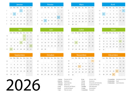 calendrier fran&ccedil;ais 2026 blanc multicolore	