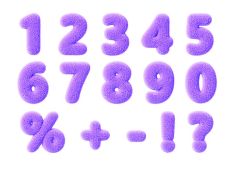 3d fur font, purple fluffy numbers from 0 to 9. Furry wool numeral icons, percent sign, question mark, exclamation, plus, minus symbol with hair texture for fun education kids render