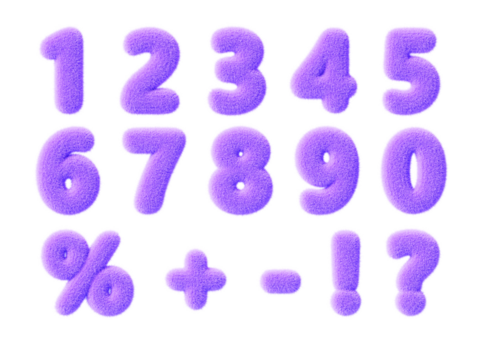 3d fur font, purple fluffy numbers from 0 to 9. Furry wool numeral icons, percent sign, question mark, exclamation, plus, minus symbol with hair texture for fun education kids render