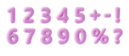 3d fur font, pink fluffy numbers from 0 to 9. Furry wool numeral icons, percent sign, question mark, exclamation, plus, minus symbol with hair texture for fun education kids render