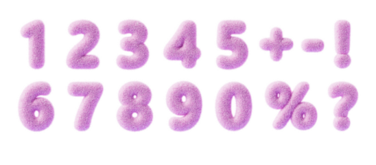 3d fur font, pink fluffy numbers from 0 to 9. Furry wool numeral icons, percent sign, question mark, exclamation, plus, minus symbol with hair texture for fun education kids render