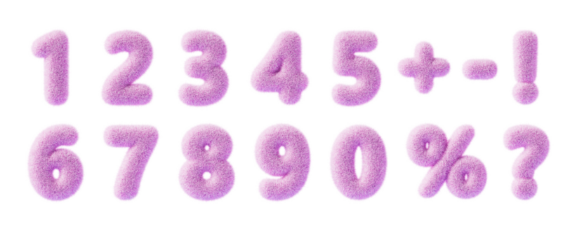 3d fur font, pink fluffy numbers from 0 to 9. Furry wool numeral icons, percent sign, question mark, exclamation, plus, minus symbol with hair texture for fun education kids render - Powered by Adobe