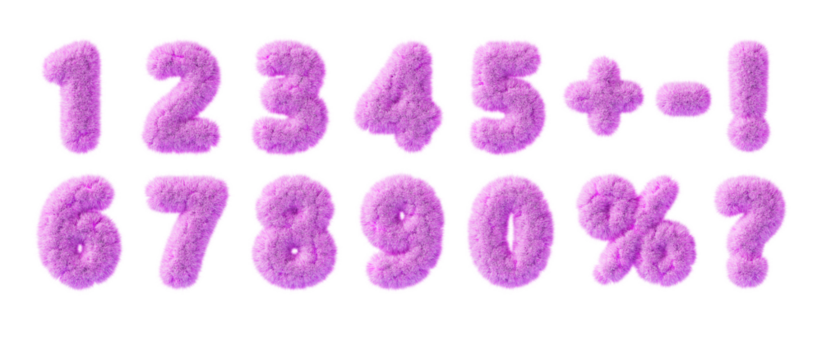 3d pink fur fluffy numbers font from 0 to 9, furry percent sign, question mark, exclamation, plus and minus symbol with hair texture. Fuzzy children alphabet of soft wool felt render - Powered by Adobe