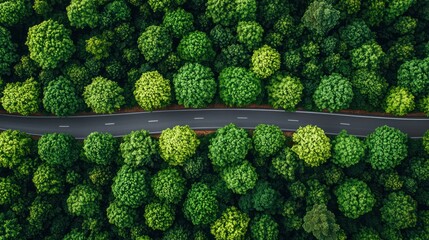Road cuts through a dense forest from an aerial view