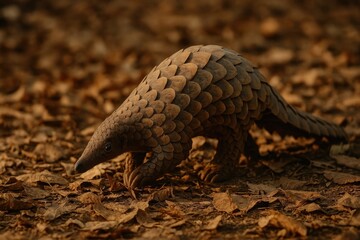 Obraz premium Pangolin walking on autumn leaves.