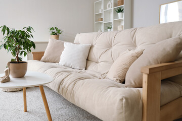 Interior of light living room with beige sofa, plants and shelf unit