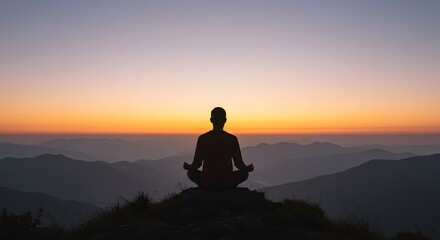 AI image showing a silhouette of a person meditating peacefully on a mountaintop, overlooking hazy mountain ranges during sunset or sunrise