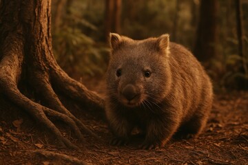 Obraz premium Wombat exploring forest floor.