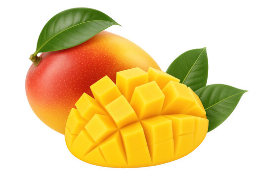 Ripe mango with mango slices and green leaves isolated on a transparent background. Cut out the PNG format for graphic design.