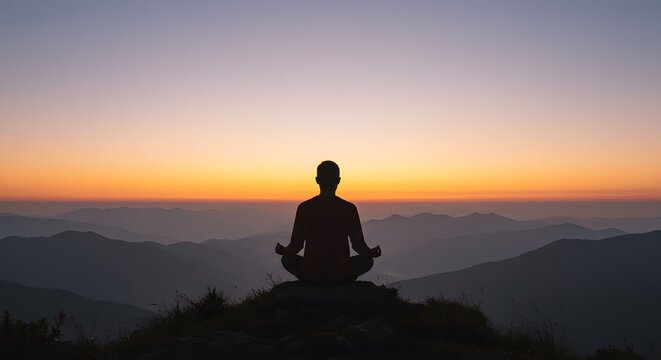AI image showing a silhouette of a person meditating peacefully on a mountaintop, overlooking hazy mountain ranges during sunset or sunrise