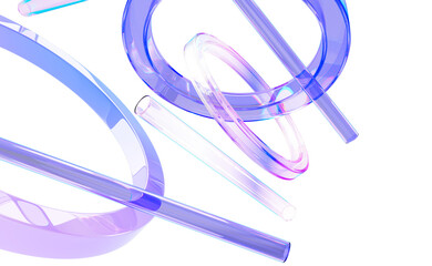 Abstract holographic 3d background with glass transparent circular rings and tubes render. Iridescent crystal light geometric pattern. Fashion banner with floating gradient figures