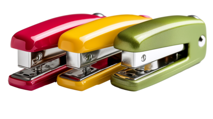 Vibrant colorful staplers isolated on white transparent background