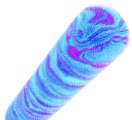 3d fluffy colorful stick with fur texture, tiger stripes pattern. Abstract textile macro background. Fashion furry wool tube. Fuzzy geometric line shape, creative hairy design element