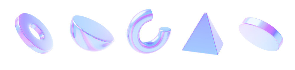 3d abstract holographic geometric shape render icon set. Iridescent metal neon objects triangle, cylinder, half sphere, torus, circle tube with hologram gradient, isolated elements