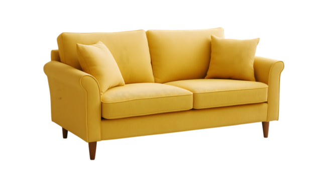 soft empty yellow sofa stands on white isolated background, comfortable fabric couch is alone against the background of white wall, copy space. Ai Generated Images