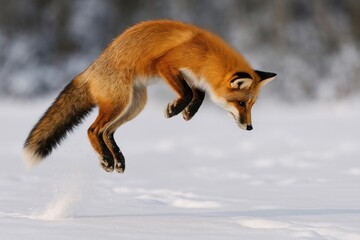 Fototapeta premium Fox leaping snowy landscape