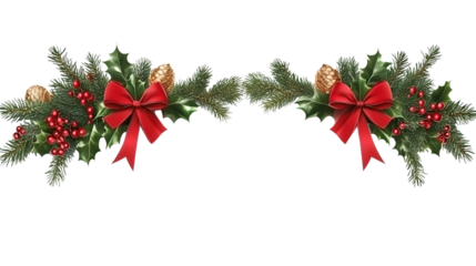 Christmas tree border with green fir branches, red bow, berries and gold lights isolated on transparent background. Pine, xmas evergreen plants frame. Vector string garland decor. Ai Generated Images