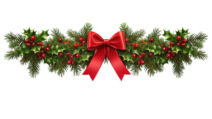 Christmas tree border with green fir branches, red bow, berries and gold lights isolated on transparent background. Pine, xmas evergreen plants frame. Vector string garland decor. Ai Generated Images