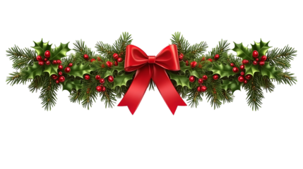 Christmas tree border with green fir branches, red bow, berries and gold lights isolated on transparent background. Pine, xmas evergreen plants frame. Vector string garland decor. Ai Generated Images