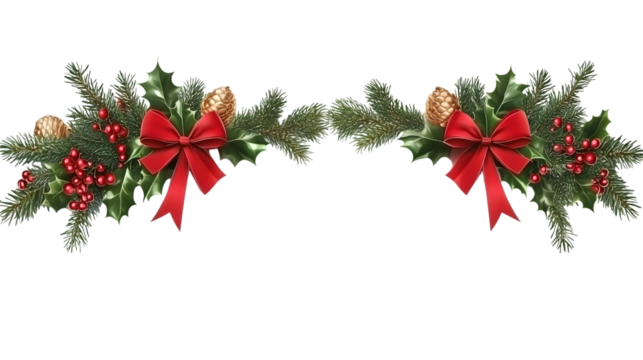 Christmas tree border with green fir branches, red bow, berries and gold lights isolated on transparent background. Pine, xmas evergreen plants frame. Vector string garland decor. Ai Generated Images - Powered by Adobe