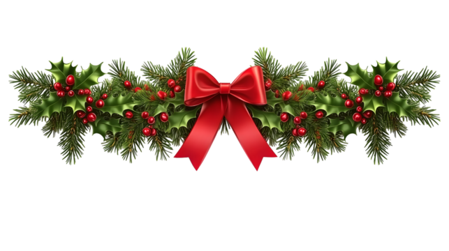 Christmas tree border with green fir branches, red bow, berries and gold lights isolated on transparent background. Pine, xmas evergreen plants frame. Vector string garland decor. Ai Generated Images - Powered by Adobe