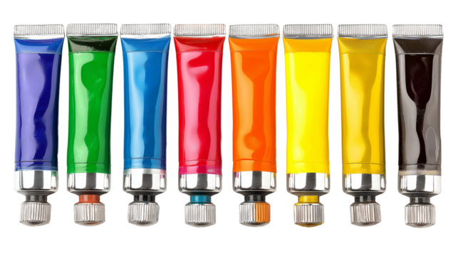 Vibrant collection of artist's paint tubes isolated on white transparent background