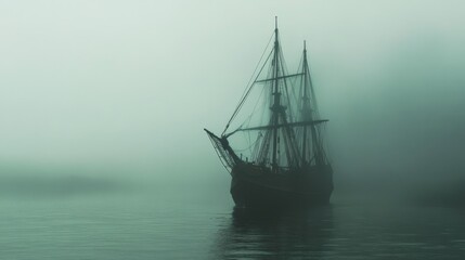 A mysterious ship on a foggy day, making a sense of mystery and intrigue