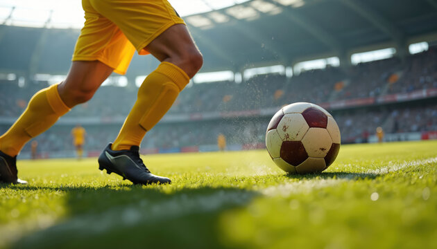 Soccer player kicks ball close-up, action shot on green field. Dynamic movement, impact of foot on ball, water drops. Pro sport, football game, competition, team sports. Athlete in yellow uniform. - Powered by Adobe