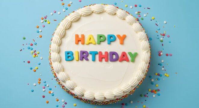 AI image showing an overhead, flat lay view of a round white birthday cake decorated with sprinkles and HAPPY BIRTHDAY letters