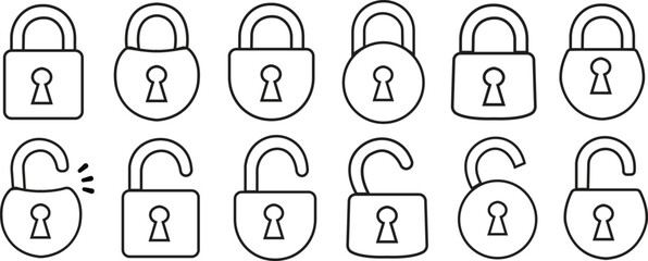 Lock black outline icon set . Lock, unlock vectors. Security and privacy symbol. Concept password and blocking sign. Padlock open and closed illustration collection isolated on transparent background.