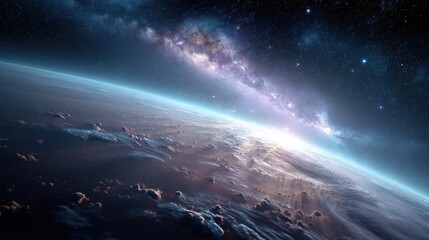Fototapeta premium A breathtaking view of a planet's horizon with the Milky Way Galaxy arching across the night sky. A celestial masterpiece of cosmic wonder.