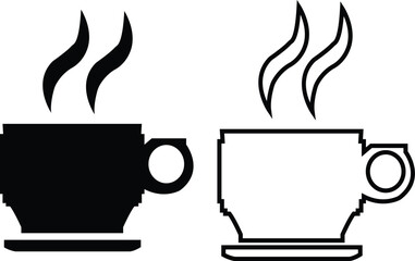 Tea and coffee cup icon set black flat, outline style. Strong coffee in espresso cup and smoke vector Illustration isolated on transparent background. Drink, glass, water, kitchen, restaurant concept.