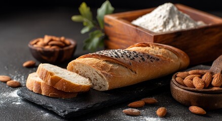 Freshly baked baguette with almonds and flour on a dark background