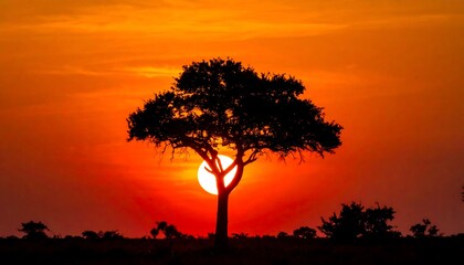 tree silhouetted against a burning red sunset in the savannah.