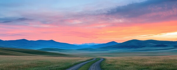 Obraz premium National relaxation day with calm and nature idea. Vibrant sunset over rolling hills and a winding dirt road.
