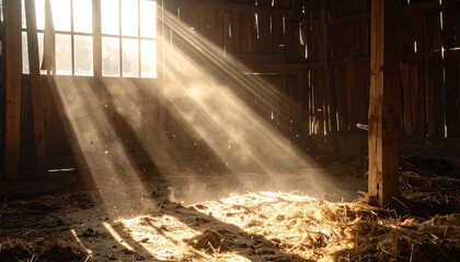 Dust particles dancing in sunlight pouring through an open barn doo