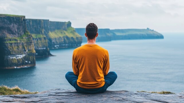 National relaxation day with calm and nature idea. A person meditating by the cliffs overlooking the ocean.