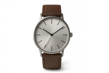 Minimalist analog mens wristwatch with brown leather strap and silver round face on transparent background ideal for product mockup fashion branding and modern accessory design presentations