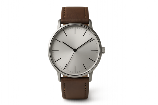 Minimalist analog mens wristwatch with brown leather strap and silver round face on transparent background ideal for product mockup fashion branding and modern accessory design presentations