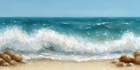 National relaxation day with calm and nature idea. Waves crashing onto a sandy beach under a clear blue sky.