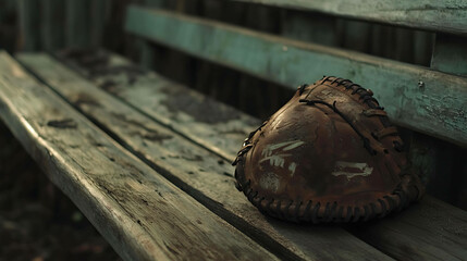 Naklejka premium Baseball mitt resting on a wooden dugout bench