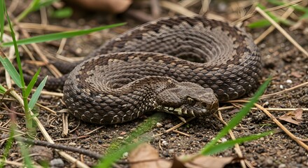 Obraz premium ai image displays a camouflaged brown viper snake coiled defensively on the ground, blending seamlessly with the surrounding dirt and grass