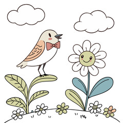 Bird with Bow Tie on Smiling Flower with Blue Skies and White Clouds. Perfect for: Spring, Easter, Nature