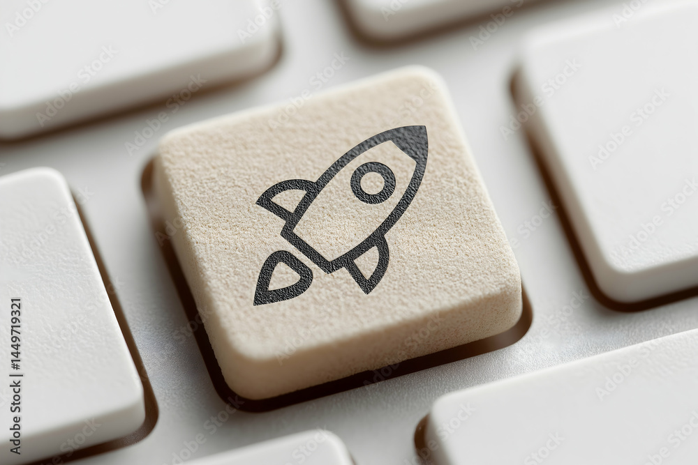 Poster a close-up of a computer keyboard key with a rocket icon, symbolizing a startup, launch, or fast pro