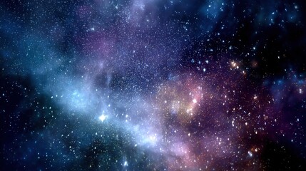 A breathtaking view of a nebula, swirling with vibrant blues, purples, and pinks. Countless stars sparkle throughout this cosmic landscape.