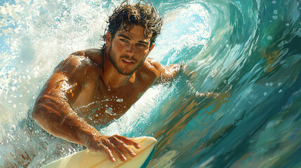 A male surfer rides a powerful wave, balancing on a sleek surfboard as water splashes around. The ocean's deep blue and foamy white contrast under the bright sunlight, capturing the thrill of surfing