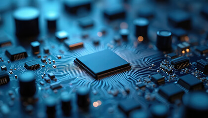 Close-up of detailed circuit board. Electronic components, chips, processor, capacitors. Tech engineering background, digital tech design, innovation, computing.